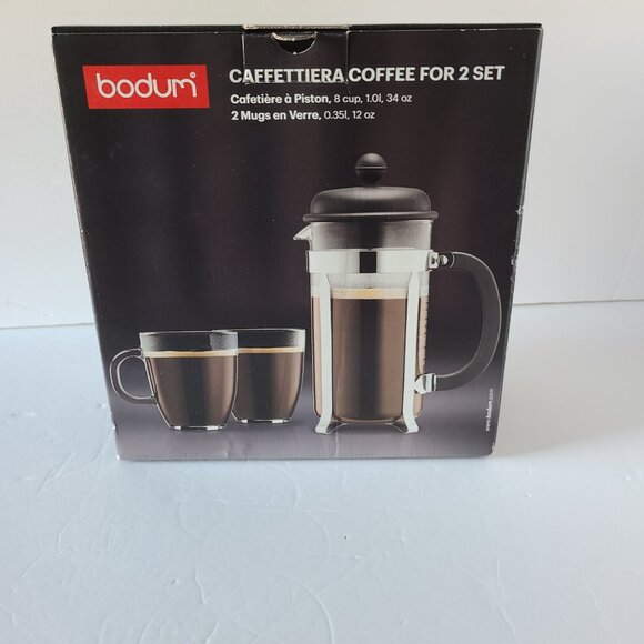 BODUM FRENCH PRESS CAFFETTIERA COFFEE SET WITH TWO GLASS MUGS- NEW IN BOX - Picture 5 of 12